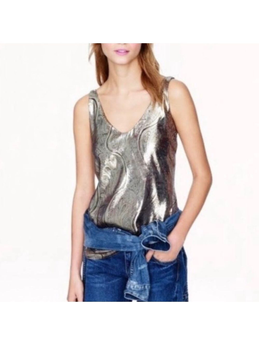 JCREW glittery gold metallic paisley Vneck tank style top size 2